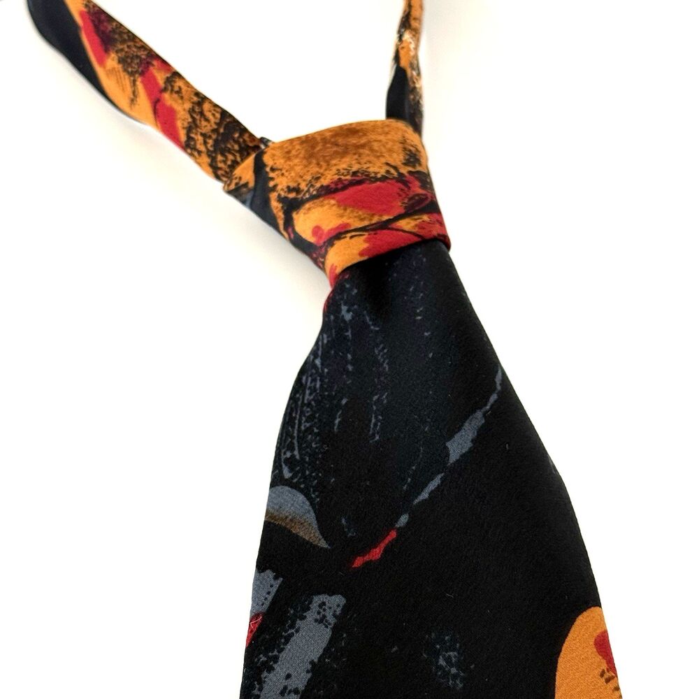 Vtg Danieli 100% Silk Tie Hand Made Italy Abstract  3.75" Black Orange Red Blue